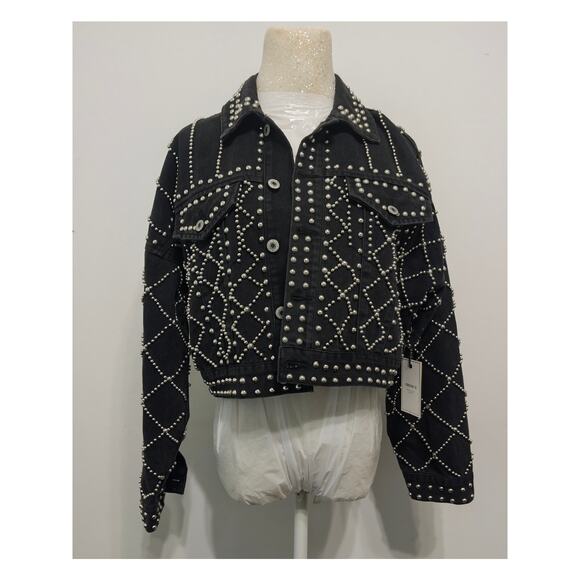 Forever 21 black cropped denim jacket with silver studs sz S Y2K festival glam - Picture 1 of 4